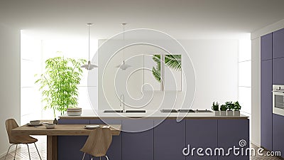 Modern clean contemporary purple kitchen, island and wooden dining table with chairs, bamboo and potted plants, big window and Stock Photo