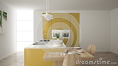 Modern clean contemporary yellow kitchen, island and wooden dining table with chairs, bamboo and potted plants, big window and Stock Photo