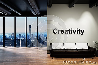 Modern clean office waiting area reception with skyline view, wall with creativity lettering, 3D Illustration Stock Photo