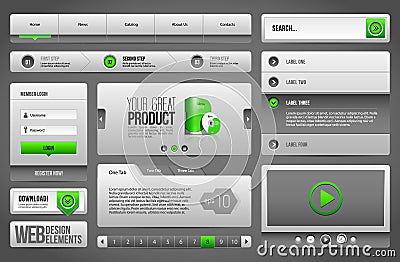 Modern Clean Website Design Elements Grey Green Gray: Buttons, Form, Slider, Scroll, Carousel Vector Illustration