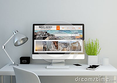 Modern clean workspace with travel agency website on screen Cartoon Illustration