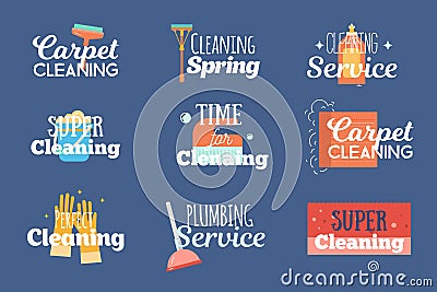 Modern cleaning and plumbing services labels, logos, badges set with wash, sponge household concept vector illustration Vector Illustration