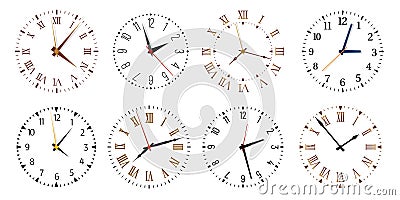 Modern clock faces. Minimalist watch, round clocks and watch face isolated vector set Vector Illustration