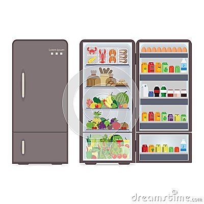 Modern closed and opened refrigerator full of food and drink Vector Illustration