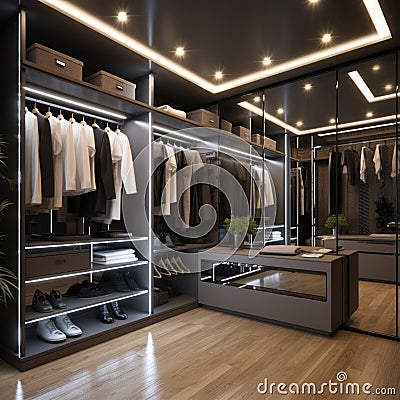 Modern closet with mirrors and LED lights with clothes Stock Photo