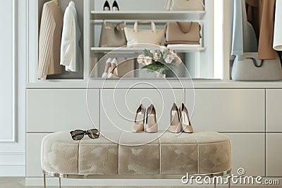 Modern closet with organized fashion accessories and beige shoes Stock Photo