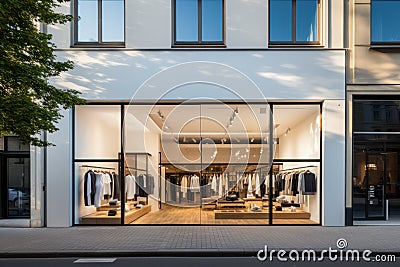 Modern clothing boutique with glass facade, city street view. Stock Photo