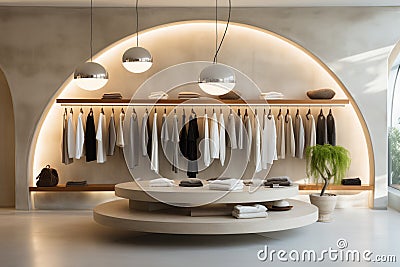 Modern clothing store interior with circular display table and hanging clothes racks. Stock Photo