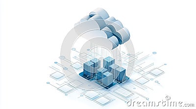 A modern cloud computing concept illustrating data storage and processing using stylized buildings and cloud symbols Stock Photo