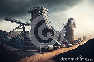 modern coal mine with towering conveyors and massive machines in the background Stock Photo