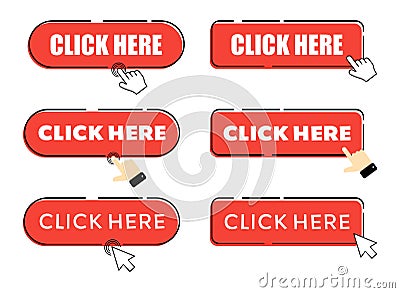 Modern collection for web site. Online shopping. Click here, apply, buttons hand pointer clicking. Vector illustration on a white Vector Illustration