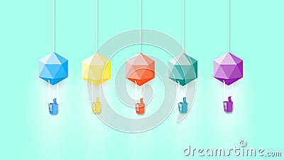 Modern Colorful Abstract Paper Style Polygonal Baloons With Conceptual Wizard As Thumb Up Sign. Template For Social Vector Illustration