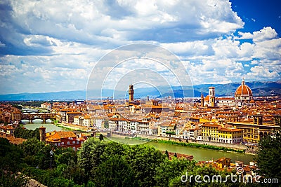 Modern colorful aerial view Florence Firenze on blue backdrop. Famous european travel destination. Beautiful architecture. Italian Stock Photo