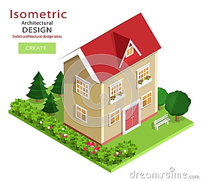 Modern colorful detailed isometric building . Graphic 3d isometric vector house with green yard. Vector Illustration