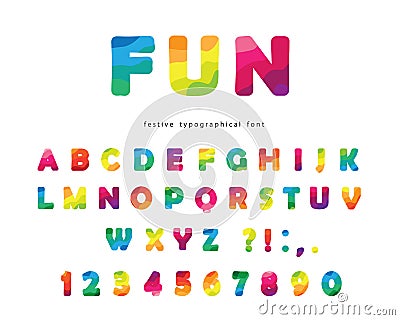 Modern colorful font. Bright ABC letters and numbers isolated on white. Trendy flexible alphabet. Vector Cartoon Illustration