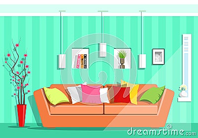 Modern colorful graphic living room with window. Flat style sofa, pillows, lamps, shelves, vase with sakura flowers. Vector Illustration