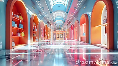 Modern Colorful Luxury Shopping Mall Interior with Designer Handbags Displayed Stock Photo