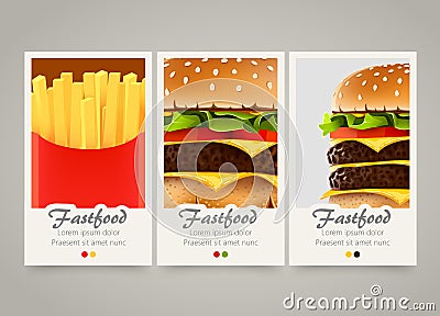 Modern colorful vertical fastfood banners. Food flyer set. Vector Illustration