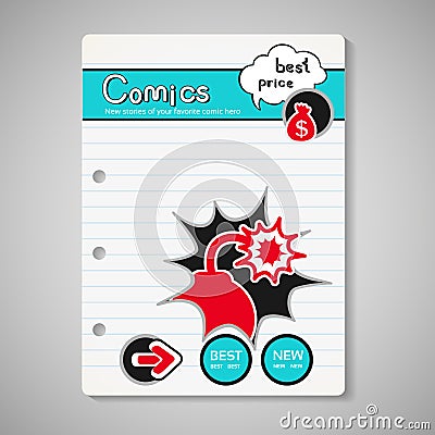 Modern comics book cover, brochure, book, flyer - design template with bubble and blast bomb on lined paper Vector Illustration