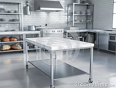Modern Commercial Kitchen Interior with Marble Table Stock Photo