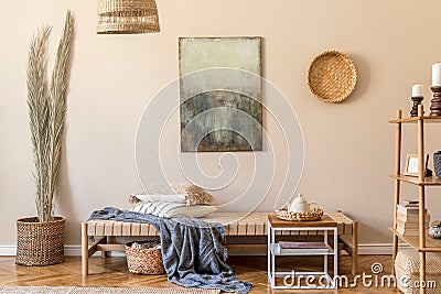 Cosy, earth tone living room interior with natural home decor. Stock Photo