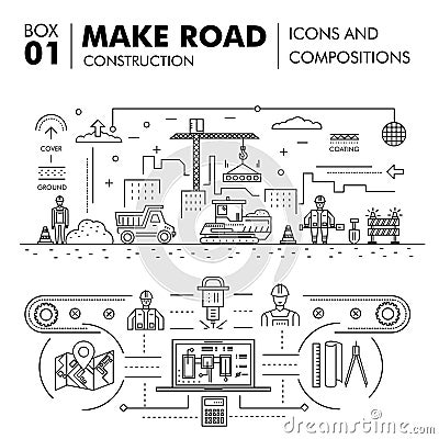 Modern compositions building road construction thin line block f Stock Photo