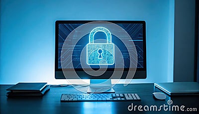 modern computer displaying glowing padlock symbol, representing cybersecurity Stock Photo