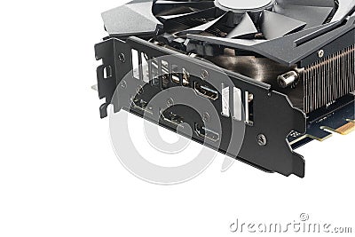 Modern computer graphics card. Close-up connections: display port, hdmi. Stock Photo