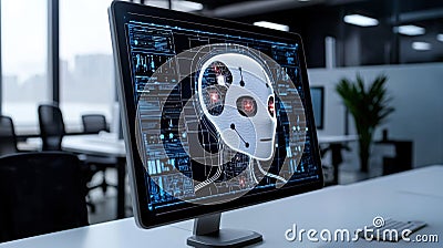 Modern Computer Screen Displaying AI Technology and Interconnected Systems Stock Photo