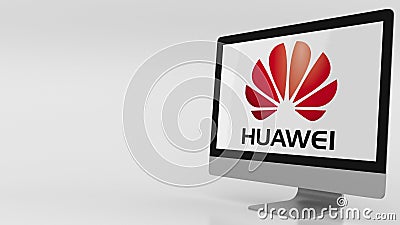 Modern computer screen with Huawei logo. Editorial 3D rendering Editorial Stock Photo