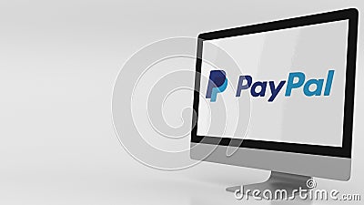 Modern computer screen with Paypal logo. Editorial 3D rendering Editorial Stock Photo