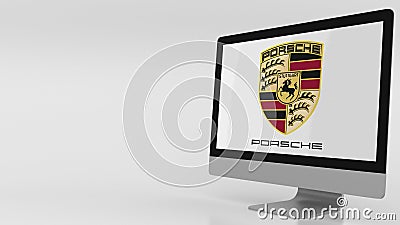 Modern computer screen with Porsche logo. Editorial 3D rendering Editorial Stock Photo