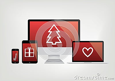 Modern computer screens, notebook, phone, laptop displays - red Vector Illustration