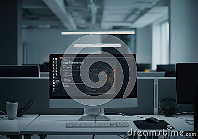 Modern computer setup displaying a detailed map on the screen Stock Photo