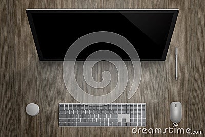 Modern computer touch display for designer. Top view scene with pen, dial, keyboard and mouse Stock Photo