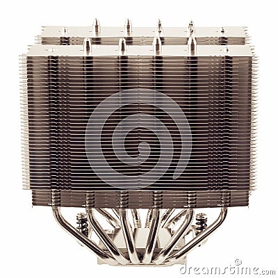 Modern computer two sectional radiator of cpu cooler with heat pipes isolated on white background. Stock Photo