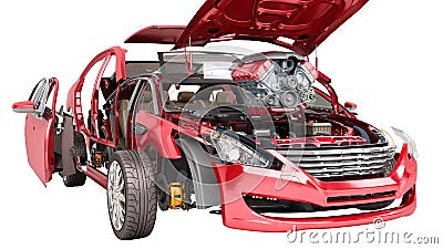 Modern concept of auto repair work Details of the red car on a w Stock Photo