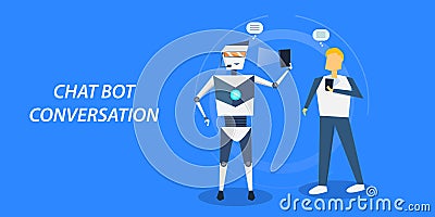 Flat design concept of chat bot, man interacting with a chatbot through conversation. Vector Illustration