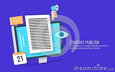 Content publication, engaging readers, digital marketing, social media promotion concept. Flat design vector banner. Vector Illustration