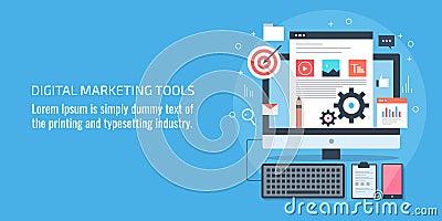 Digital marketing tools, work place, digital device, content, software concept, Flat design vector banner. Vector Illustration