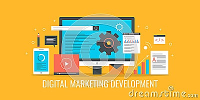 Digital marketing, marketing strategy development, seo, sem, video, email communication concept. Flat design vector banner. Vector Illustration