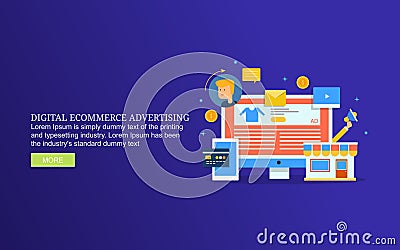 Digital ecommerce advertising, ecommerce product ads on social media, mobile ecommerce marketing. Vector Illustration