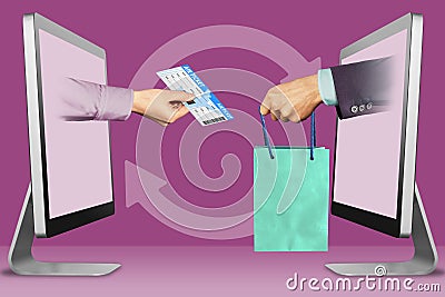 Commerce concept, two hands from computers. air ticket and hand with shopping bag. 3d illustration Cartoon Illustration