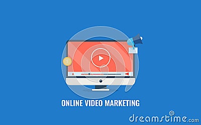 Online video marketing, digital content promotion, audience engagement, social media promotion. Flat design vector banner. Vector Illustration