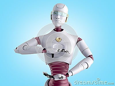 Modern concept of product presentation female robot ready to insert an object into the hand 3d render on blue gradient Stock Photo