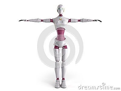 Modern concept of product presentation female robot ready to insert an object into the hand 3d render on white Stock Photo