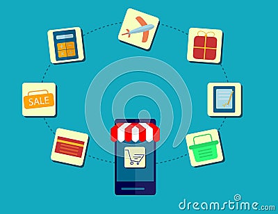 Modern Concept of Purchasing Product Via Internet, Mobile Shopping Communication and Delivery Service. Flat design. Stock Photo