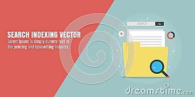 Search engine optimization, search data, web page content indexing on search engines concept.Flat design vector banner. Vector Illustration