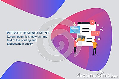 Website content management, experts managing content for website audience, website management software and tools. Flat banner. Vector Illustration