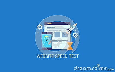 Website speed test, page loading time, search engine optimization concept. Flat design vector banner. Vector Illustration